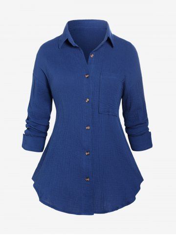Plus Size Button Textured Solid Color Pocket Blouse - DEEP BLUE - 2XL