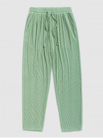 Men's Solid Color Ribbed Textured Casual Tapered Ninth Pants - LIGHT GREEN - L