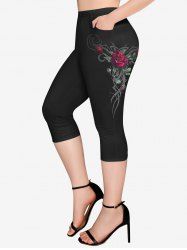 Legging Capri Feuille et Rose Imprimées de Grande Taille avec Poches - Noir 6X
