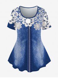 T-shirt Zippé 3D Floral Imprimé en Dentelle de Grande Taille - Bleu L