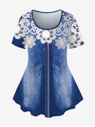 T-shirt Zippé 3D Floral Imprimé en Dentelle de Grande Taille - Bleu 5X