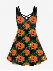 Gothic Pumpkin Print Crisscross Strappy Cami Dress -  