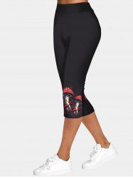 Legging Capri Décontracté à Imprimé Champignon à Taille Elastique - Noir XXL