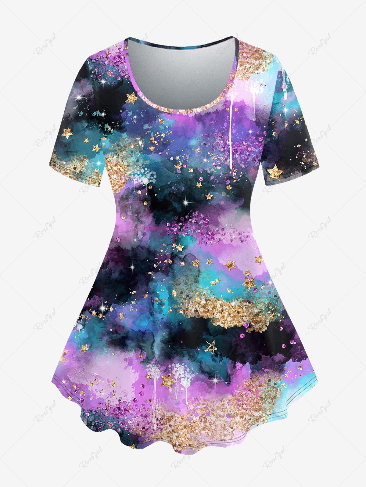 Unique Plus Size Tie Dye Star Sparkling Sequin Print T-shirt  