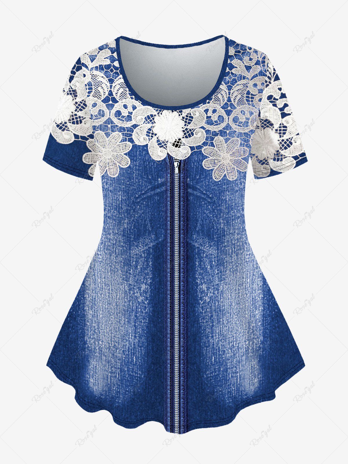 Chic Plus Size 3D Floral Lace Zipper Print T-shirt  