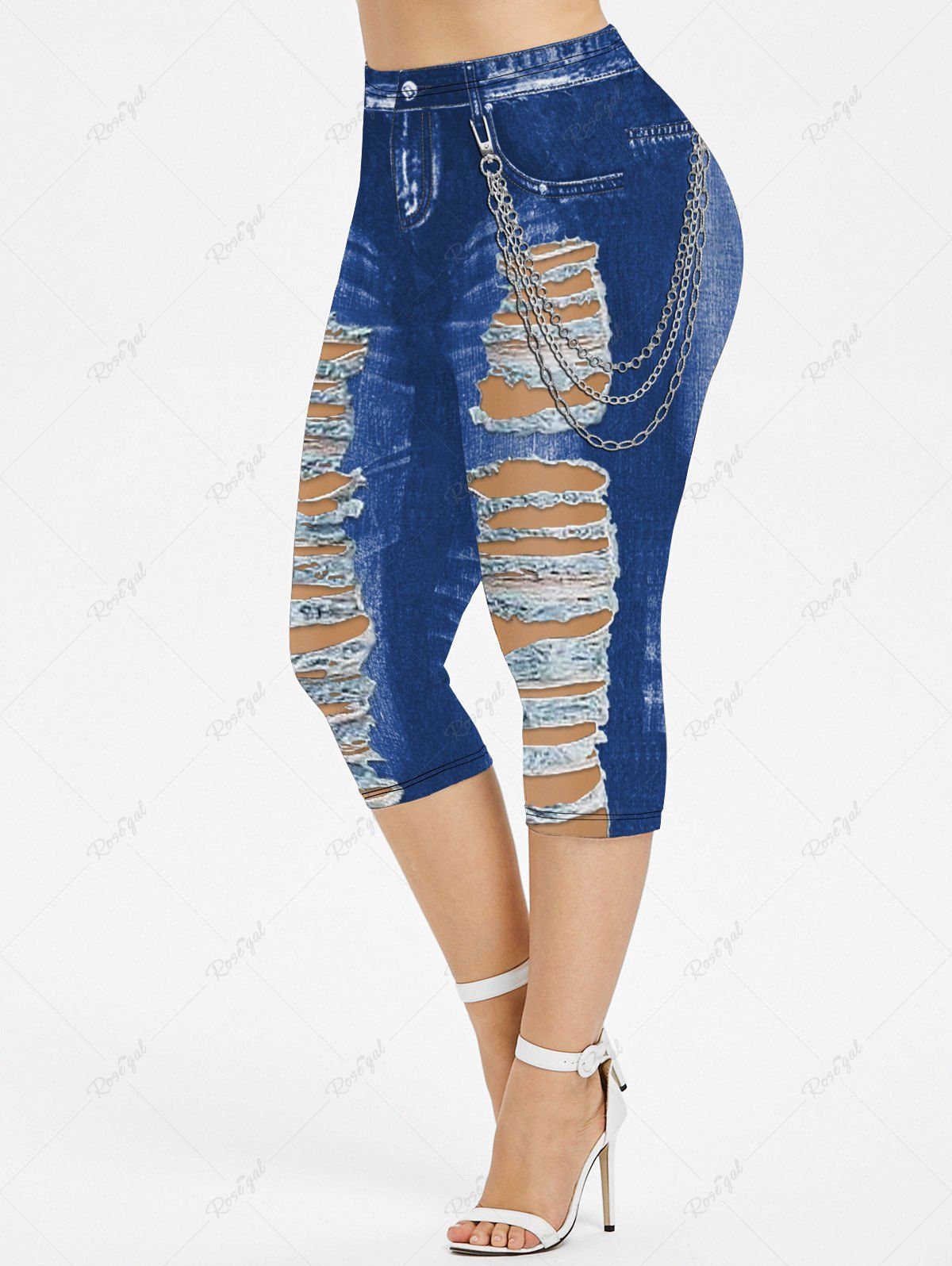Trendy Plus Size 3D Ripped Denim Chain Pockets Print Capri Leggings  