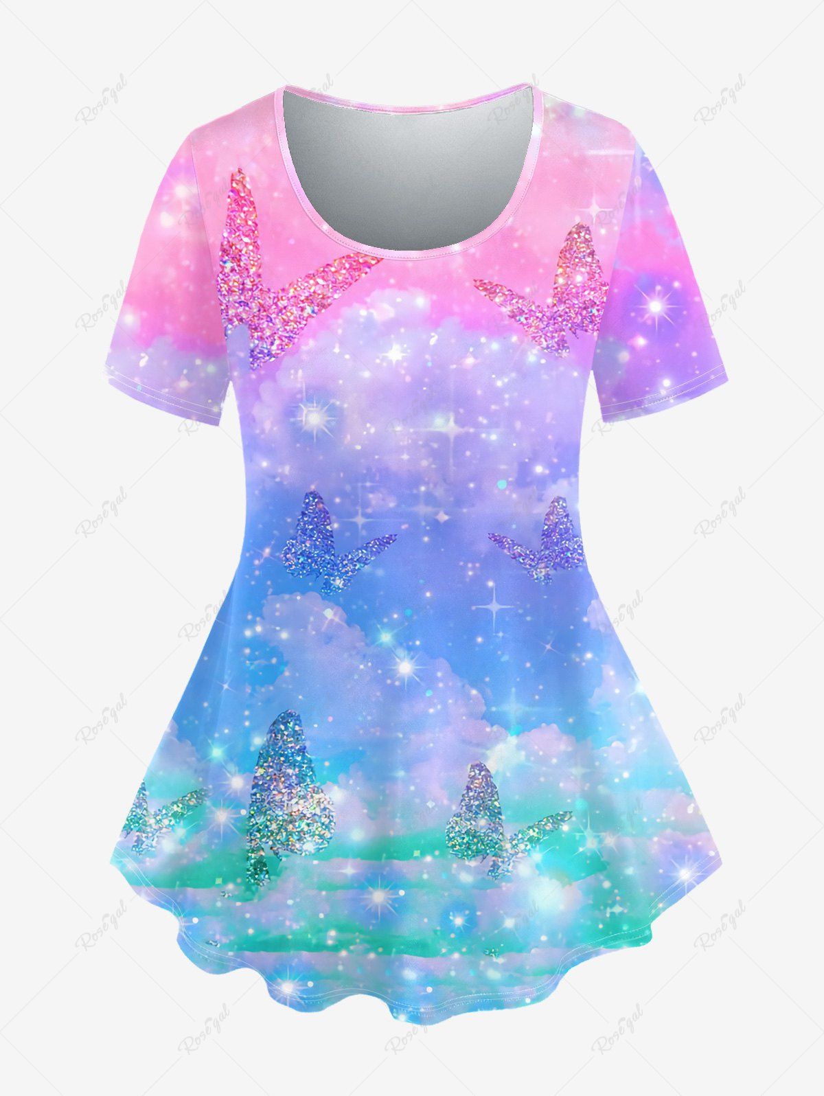 Outfits Plus Size Colorful Butterfly Sparkling Print Short Sleeves T-shirt  