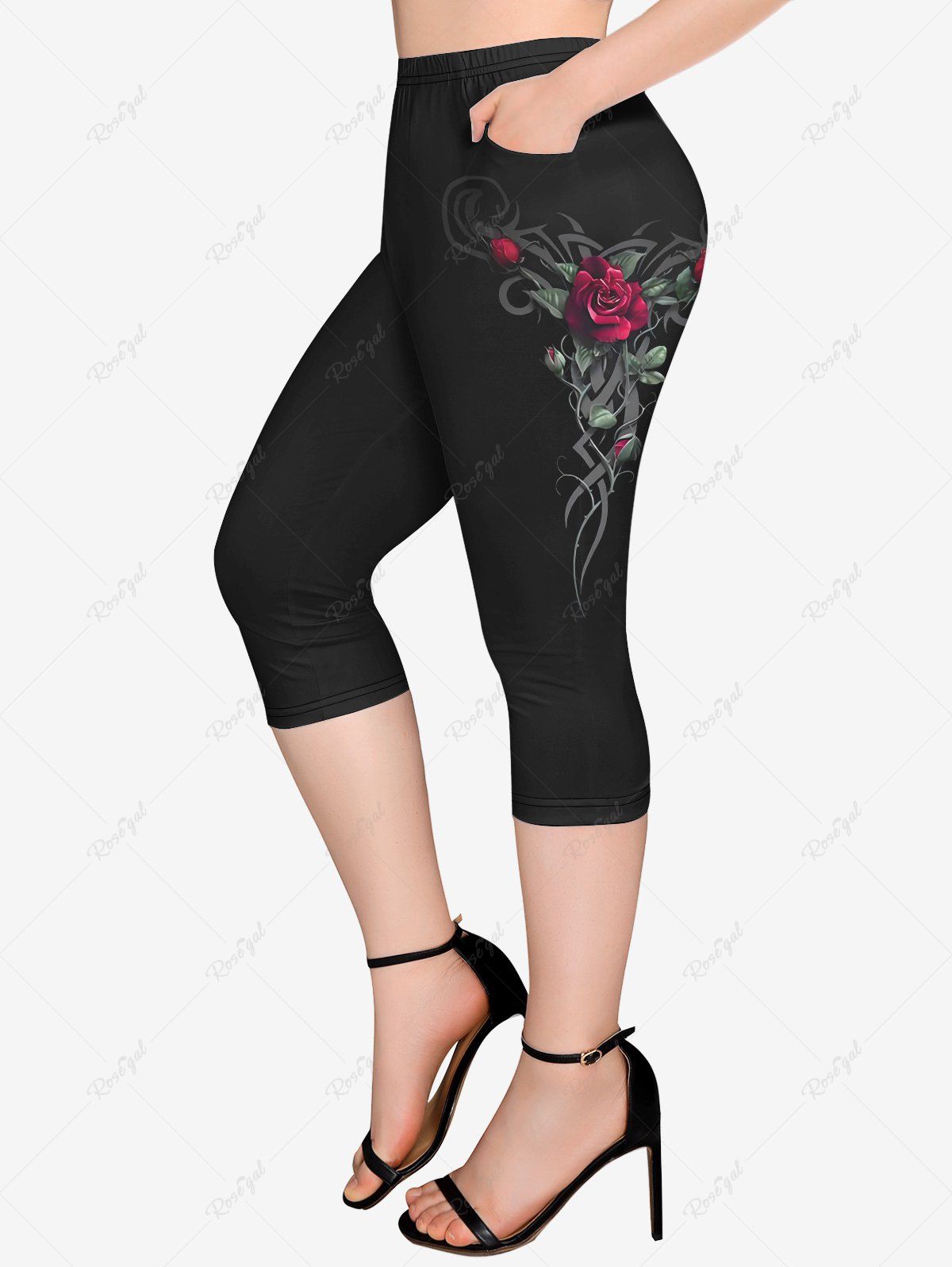 Legging Capri Feuille et Rose Imprimées de Grande Taille avec Poches Noir 6X