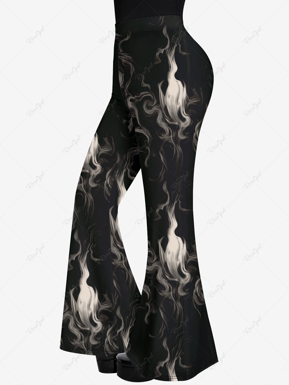 Pantalon Évasé Froncé à Imprimé Feu Style Gothique Noir 6X