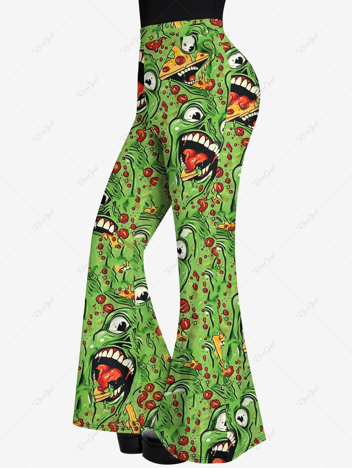 Pantalon Évasé Imprimé Visage de Monstre Style Gothique Vert 3X