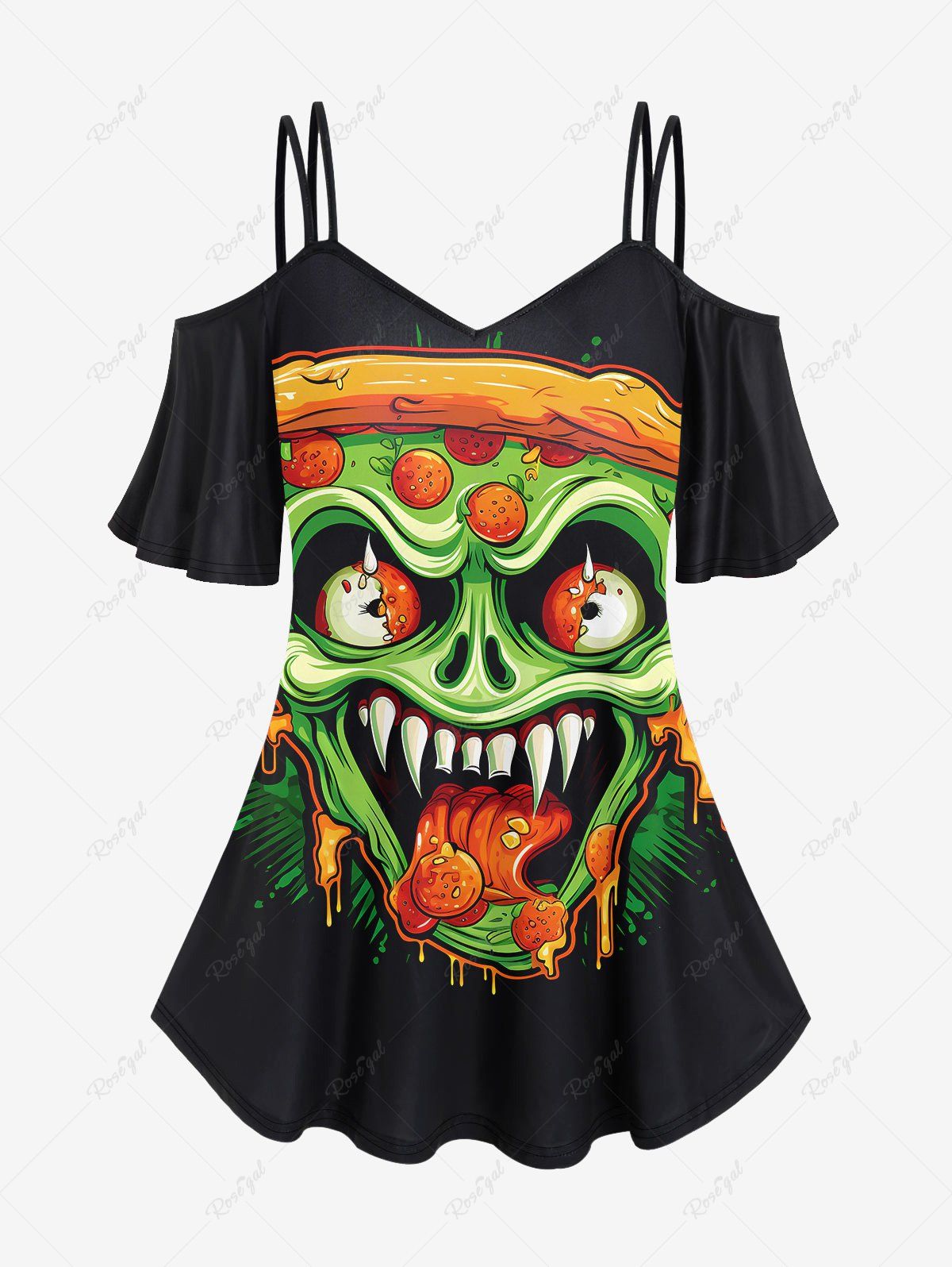 Trendy Gothic Monster Face Print Cold Shoulder Cami T-shirt  