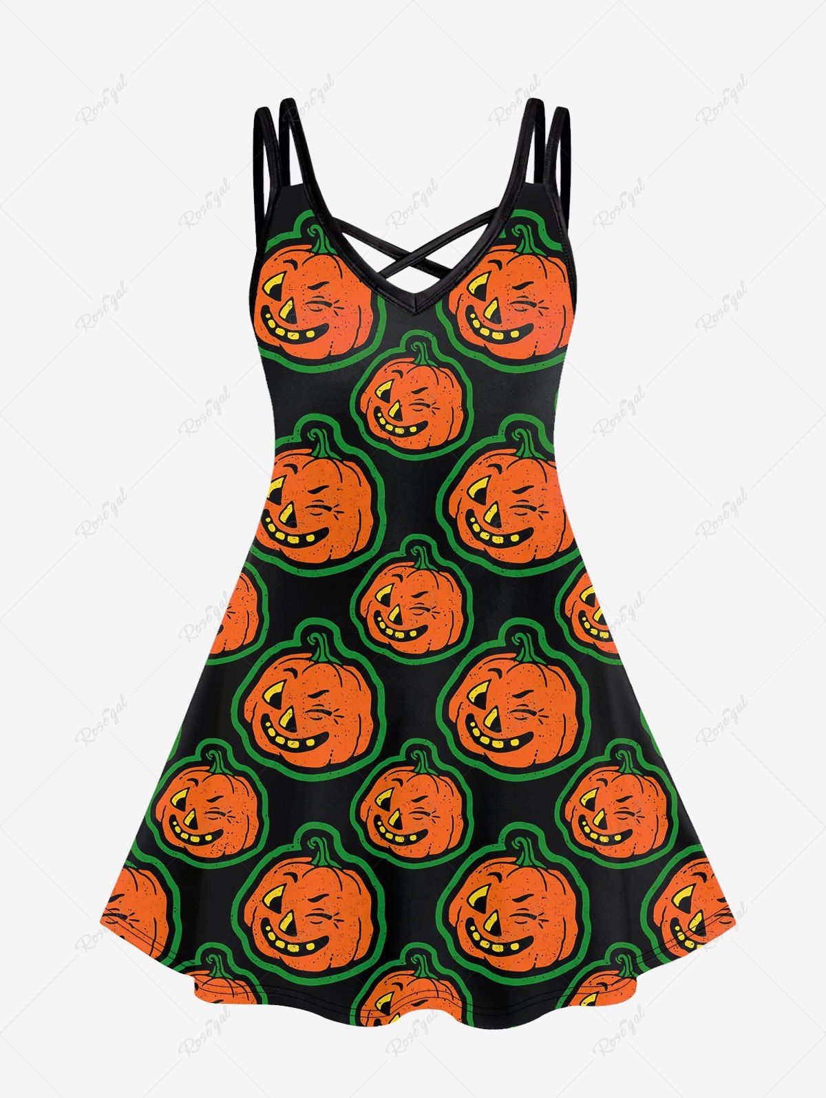 Outfit Gothic Pumpkin Print Crisscross Strappy Cami Dress  