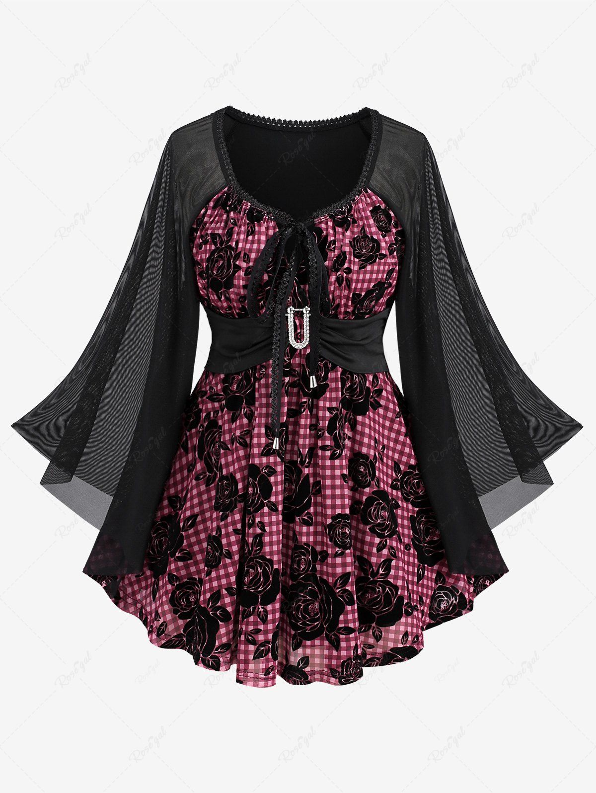 Hot Plus Size Plaid Rose Printed Tie Buckle Flare Sleeves T-shirt  