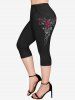 Plus Size Rose Leaf Print Pockets Capri Leggings -  