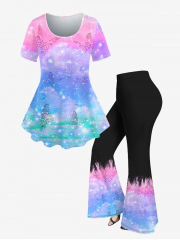 Plus Size Colorful Butterfly Sparkling Printed Short Sleeves T-shirt and Flare Pants 70s 80s Outfit - MULTI