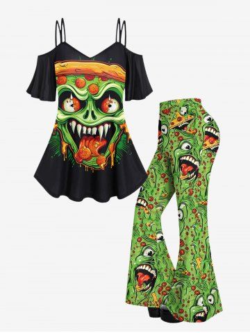 Gothic Monster Face Printed Cold Shoulder Cami T-shirt and Flare Pants Outfit - BLACK
