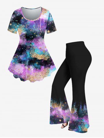 Tie Dye Star Sparkling Sequin Printed T-shirt and Flare Pants Plus Size Disco Outfit - PURPLE