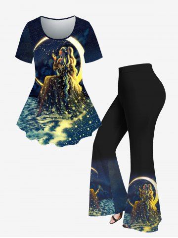 T-shirt Galaxie Fille Etoile de Mer Imprimés de Grande Taille à Paillettes et Pantalon Evasé