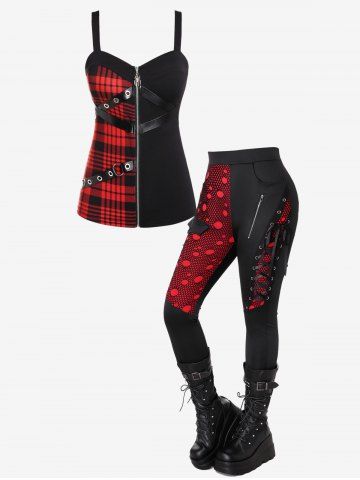 PU Leather Stripes Plaid Zipper Tank Top And Mesh Overlay Lace-up Zippered Skinny Pants Gothic Outfit - RED