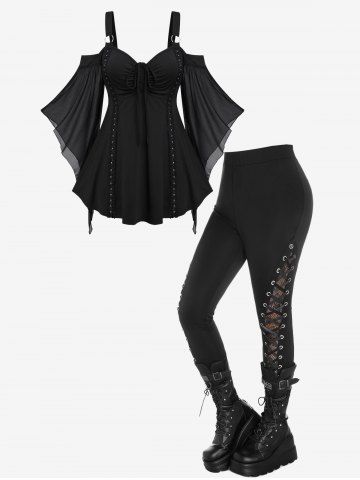 Cinched Ruched Rings Bell Sleeve Cold Shoulder Top And Lace Panel Lace-up Skinny Pants Gothic Outfit
