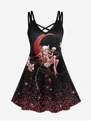 Plus Size Girl Moon Skull Flower Glitter Print Crisscross Cami Dress - DEEP RED - S