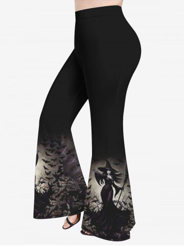 Plus Size Wizard Bat Branch Print Flare Pants - BLACK - 3X