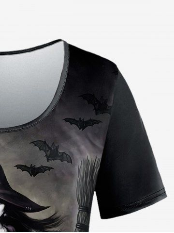 Halloween Plus Size Witch Bat Branch Broom Print Short Sleeves T-shirt