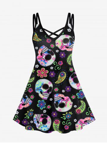 Halloween Plus Size Skull Flower Print Crisscross Cami Dress - BLACK - S