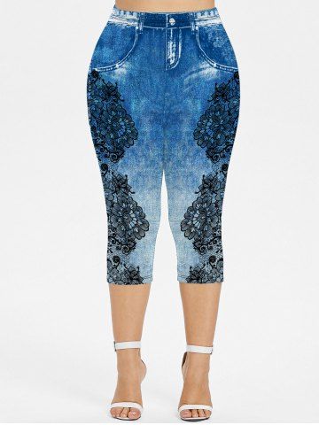 Plus Size 3D Pockets Appliques Denim Print Capri Leggings
