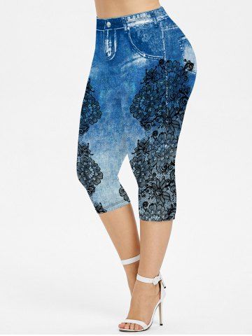 Plus Size 3D Pockets Appliques Denim Print Capri Leggings