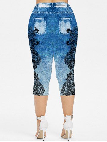 Plus Size 3D Pockets Appliques Denim Print Capri Leggings