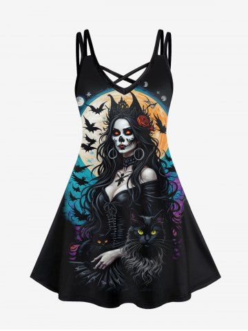 Gothic Wizard Bat Moon Cat Print Crisscross Cami Dress - BLACK - M
