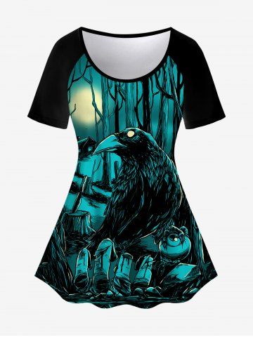 T-shirt Gothique Arbre Lune Aigle Imprimés à Manches Courtes