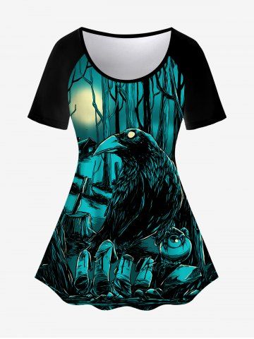 Gothic Eagle Tree Finger Moon Print Short Sleeves T-shirt - BLACK - 3X