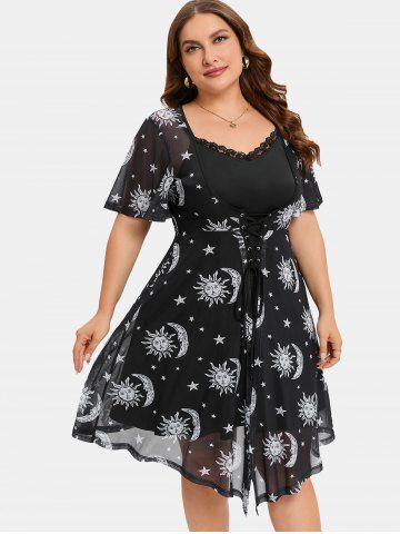 Plus Size Sun Moon Star Printed Lace-up Mesh Dress and Lace Trim Cami Dress Set