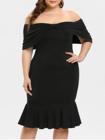 Plus Size Ruffles Off The Shoulder Bow Mermaid Midi Dress - BLACK - 2X | US 18-20