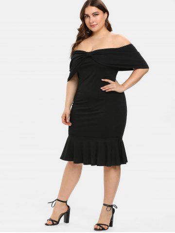 Plus Size Ruffles Off The Shoulder Bow Mermaid Midi Dress