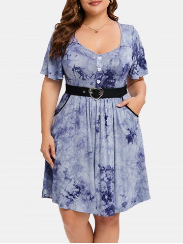 Plus Size Heart Buttons Tie Dye Buckle Dress - BLUE - 2X | US 18-20