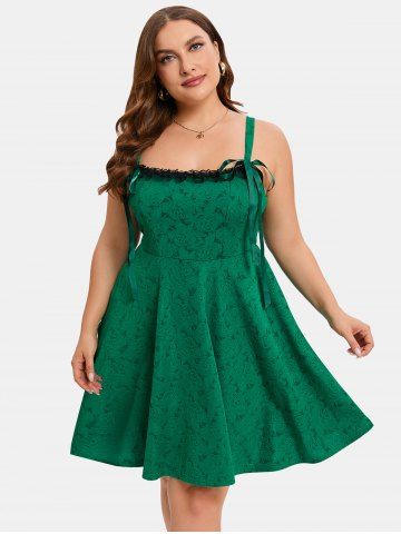 Plus Size Ribbon Floral Lace Vintage Dress - GREEN - 5X | US 30-32