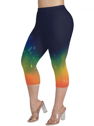 Plus Size Rainbow Print Elastic Waist Cropped Capri Leggings - DEEP BLUE - L