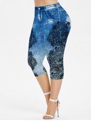 Plus Size 3D Pockets Appliques Denim Print Capri Leggings -  