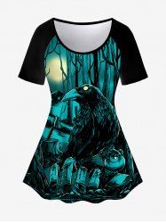 T-shirt Gothique Arbre Lune Aigle Imprimés à Manches Courtes - Noir 6X