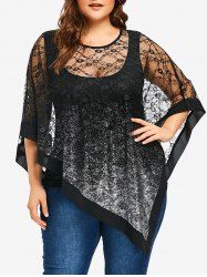 Plus Size Sheer Lace Asymmetric Overlay T-shirt -  