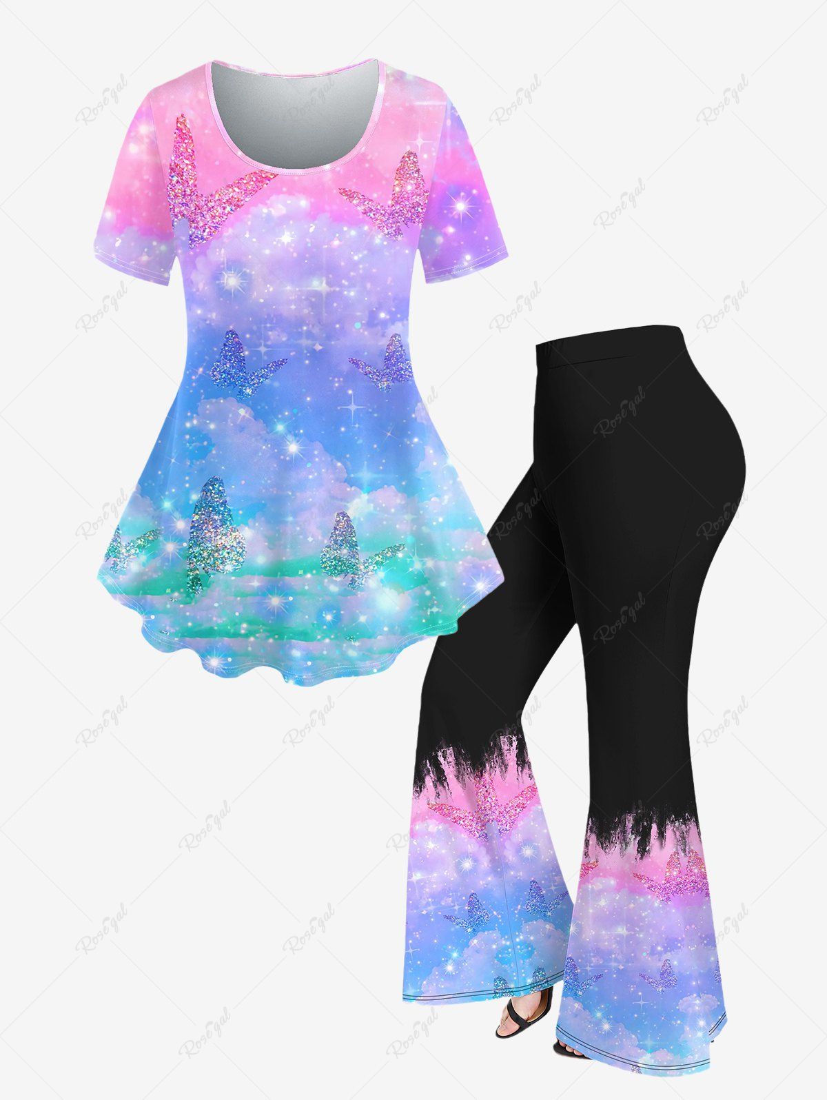 Hot Plus Size Colorful Butterfly Sparkling Printed Short Sleeves T-shirt and Flare Pants 70s 80s Outfit  