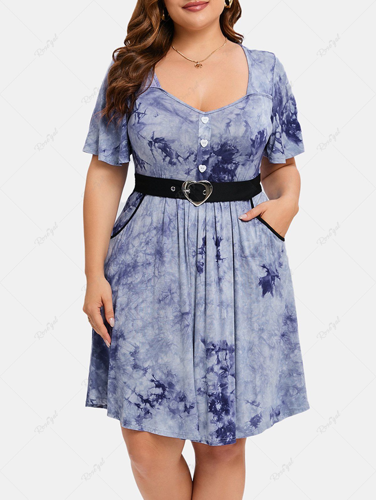 Outfits Plus Size Pockets Heart Buttons Tie Dye Buckle Dress  