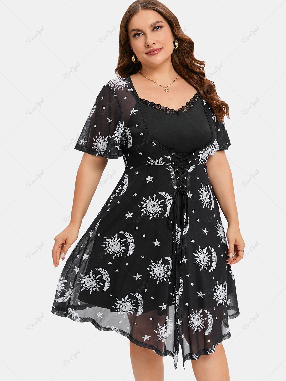Chic Plus Size Sun Moon Star Printed Lace-up Mesh Dress and Lace Trim Cami Dress Set  