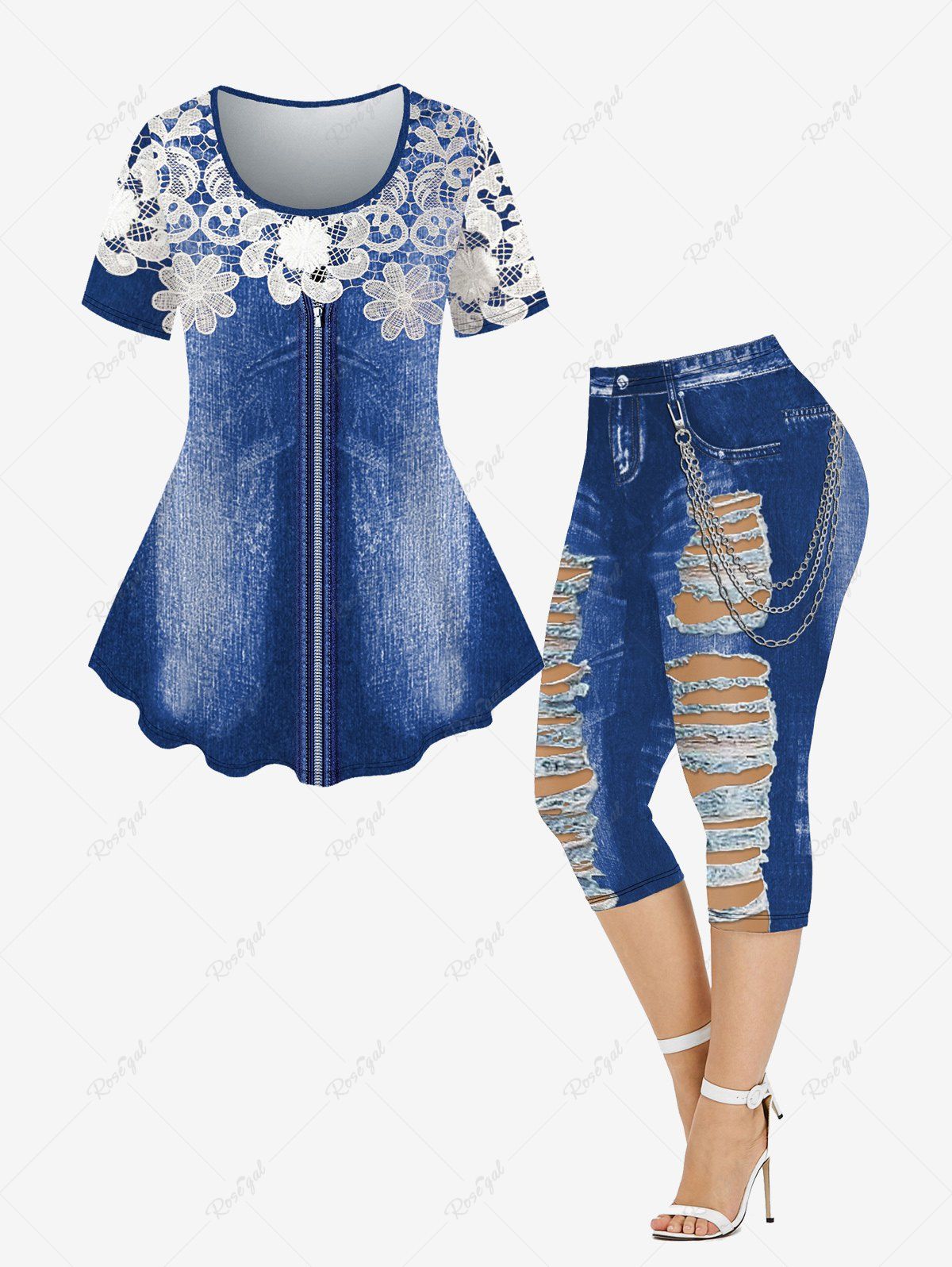 Outfits 3D Floral Lace Zipper Print T-shirt and 3D Ripped Denim Chain Pockets Print Capri Leggings Plus Size Outfits  