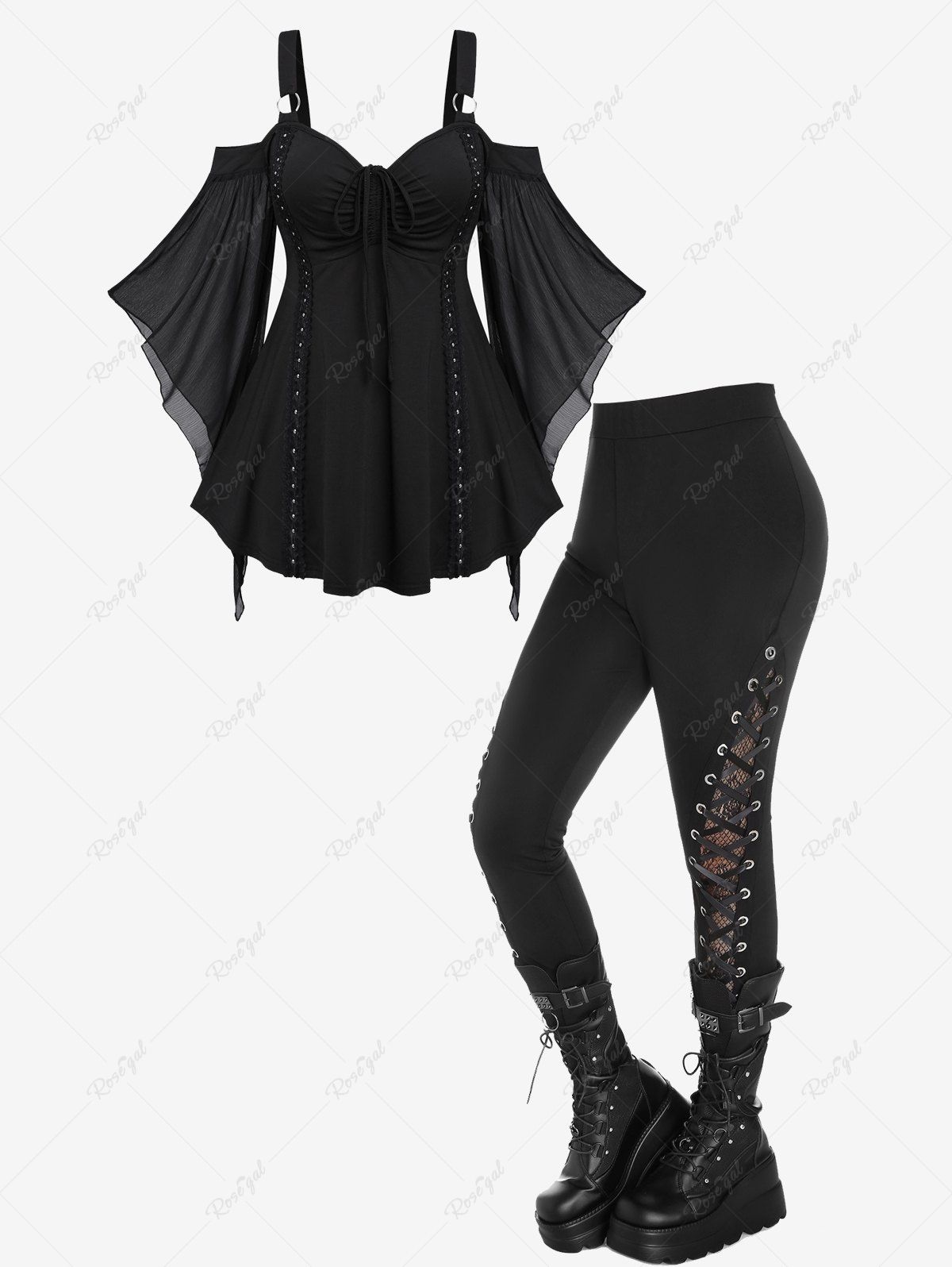 Hot Cinched Ruched Rings Bell Sleeve Cold Shoulder Top And Lace Panel Lace-up Skinny Pants Gothic Outfit  