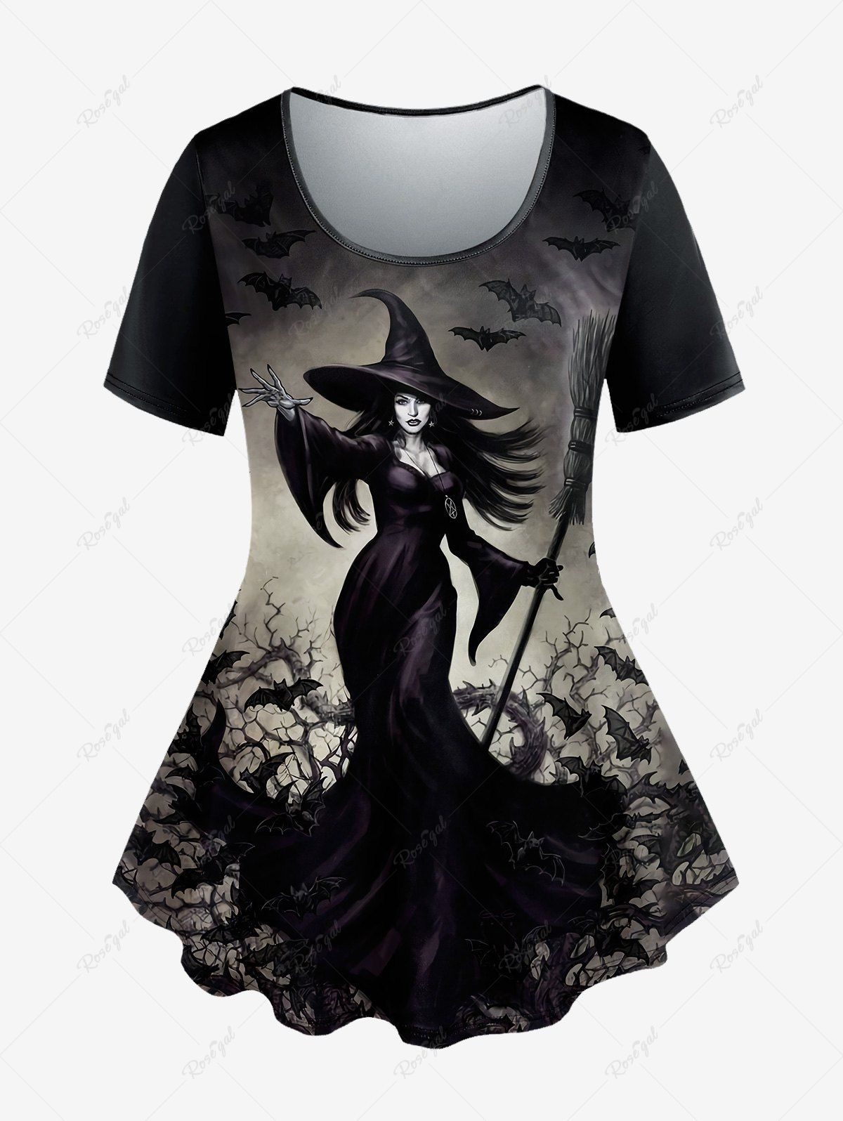 T-shirt D'Halloween Branche de Sorcière Chauve-souris Imprimés à Manches Courtes de Grande Taille Noir 5X
