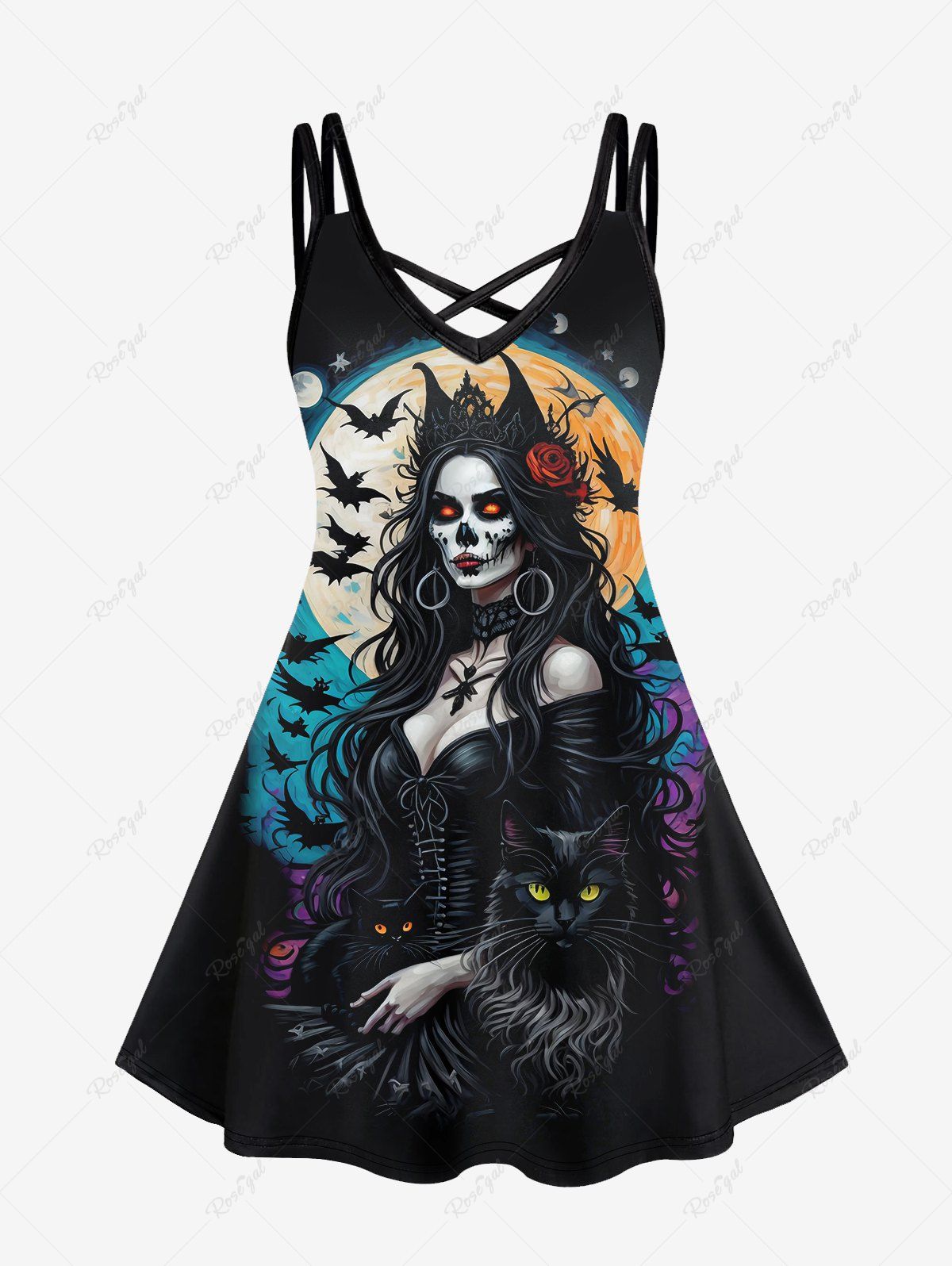 Outfit Gothic Wizard Bat Moon Cat Print Crisscross Cami Dress  